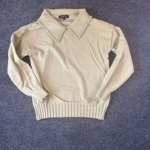 Twelfth Love Sweater Womens Large Beige Ribbed Knit Pearl Collar Winter Wear